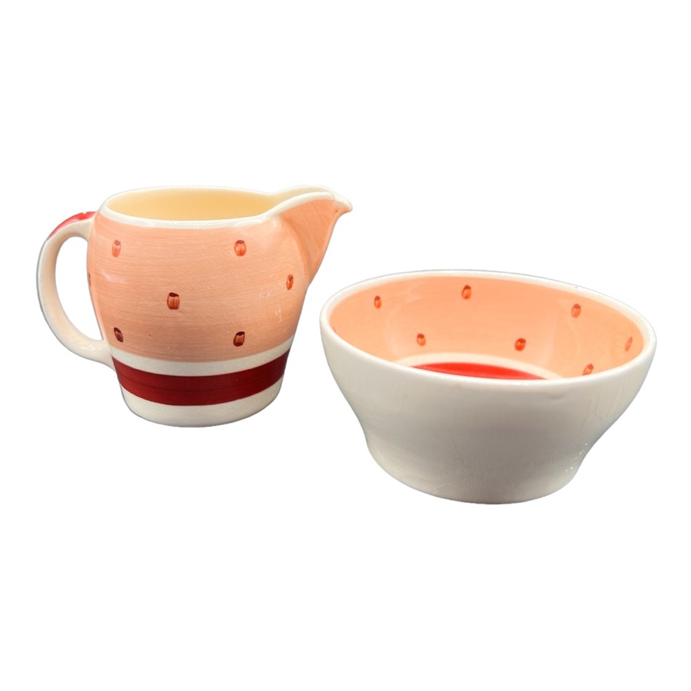Polka Dot Cream, Peach and Red Ceramic Creamer and Sugar Bowl Set